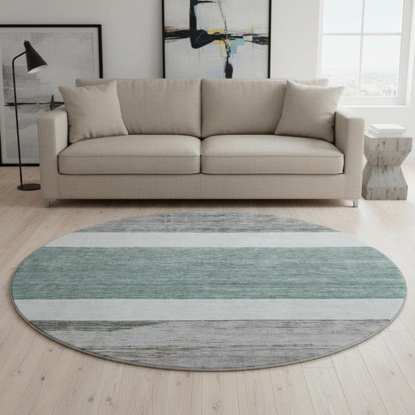 HomeRoots 8' Teal Ivory and Gray Striped Washable Round Rug with UV Protection for Stylish, Easy Care Living Spaces 695135