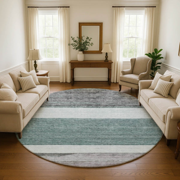 HomeRoots 8' Teal Ivory and Gray Striped Washable Round Rug with UV Protection for Stylish, Easy Care Living Spaces 695135