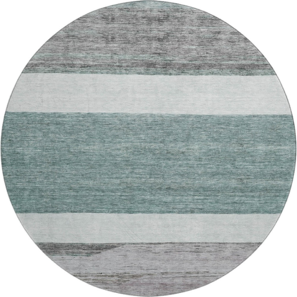 HomeRoots 8' Teal Ivory and Gray Striped Washable Round Rug with UV Protection for Stylish, Easy Care Living Spaces 695135