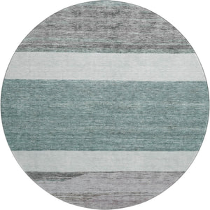 HomeRoots 8' Teal Ivory and Gray Striped Washable Round Rug with UV Protection for Stylish, Easy Care Living Spaces 695135