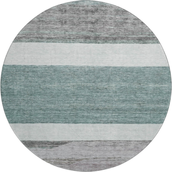HomeRoots 8' Teal Ivory and Gray Striped Washable Round Rug with UV Protection for Stylish, Easy Care Living Spaces 695135