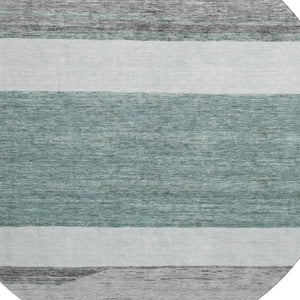 HomeRoots 8' Teal Ivory and Gray Striped Washable Round Rug with UV Protection for Stylish, Easy Care Living Spaces 695135