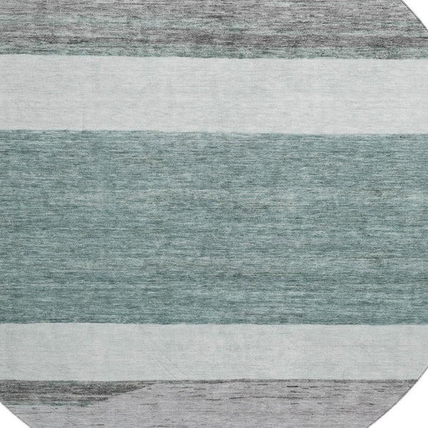 HomeRoots 8' Teal Ivory and Gray Striped Washable Round Rug with UV Protection for Stylish, Easy Care Living Spaces 695135