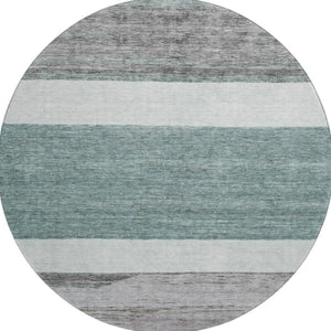HomeRoots 8' Teal Ivory and Gray Striped Washable Round Rug with UV Protection for Stylish, Easy Care Living Spaces 695135