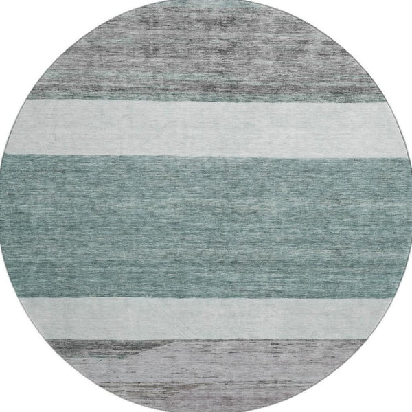 HomeRoots 8' Teal Ivory and Gray Striped Washable Round Rug with UV Protection for Stylish, Easy Care Living Spaces 695135