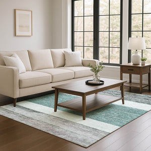 HomeRoots 8' X 10' Striped Area Rug in Teal, Ivory & Gray - Washable, UV Protected, Stain Resistant & Non-Slip! 695136