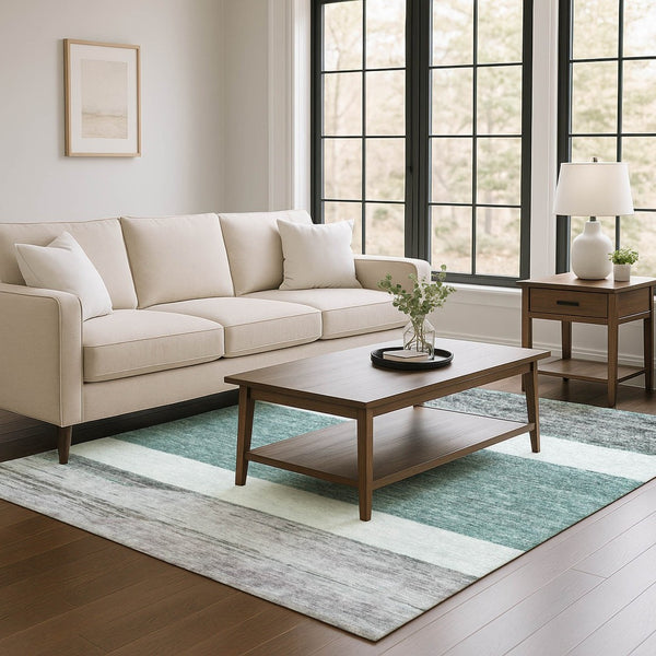 HomeRoots 8' X 10' Striped Area Rug in Teal, Ivory & Gray - Washable, UV Protected, Stain Resistant & Non-Slip! 695136