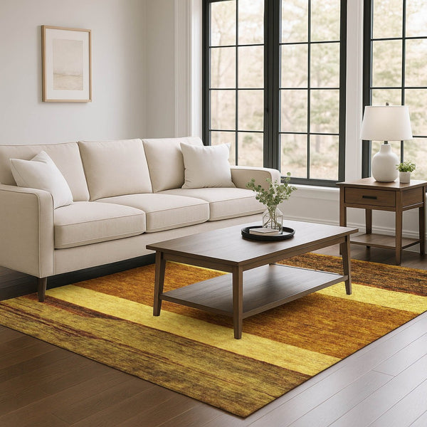 HomeRoots 8' X 10' Striped Washable Area Rug in Terra Cotta, Gold & Brown - Durable, Stain-Resistant & UV Safe 695142