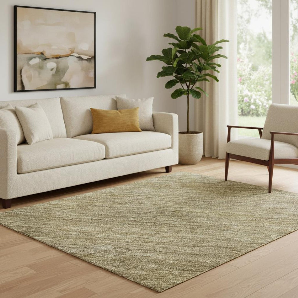 HomeRoots 5' X 8' Wheat Gold and Linen Striped Washable Area Rug with UV Protection for Pet-Friendly Homes 695146