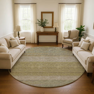 HomeRoots 8' Wheat Gold Striped Round Rug – Washable, UV Protected, Stain Resistant for High-Traffic Areas 695147