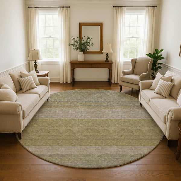 HomeRoots 8' Wheat Gold Striped Round Rug – Washable, UV Protected, Stain Resistant for High-Traffic Areas 695147