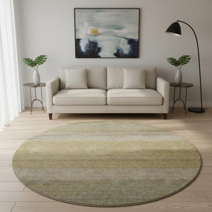 HomeRoots 8' Wheat Gold Striped Round Rug – Washable, UV Protected, Stain Resistant for High-Traffic Areas 695147