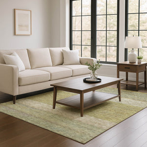 HomeRoots 9' X 12' Striped Wheat Gold & Linen Washable Area Rug - Durable, UV-Protected, Easy Care for Homes 695149
