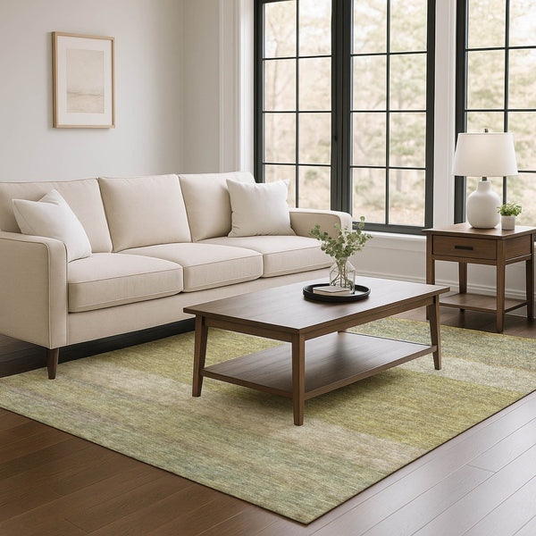 HomeRoots 9' X 12' Striped Wheat Gold & Linen Washable Area Rug - Durable, UV-Protected, Easy Care for Homes 695149