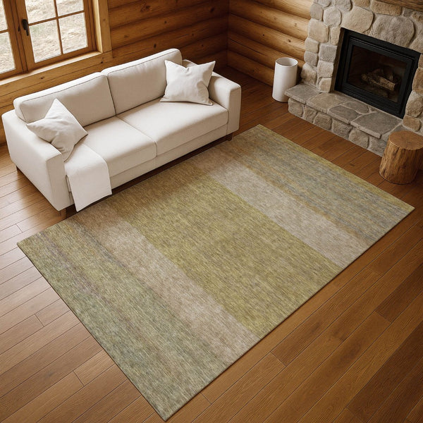 HomeRoots 9' X 12' Striped Wheat Gold & Linen Washable Area Rug - Durable, UV-Protected, Easy Care for Homes 695149