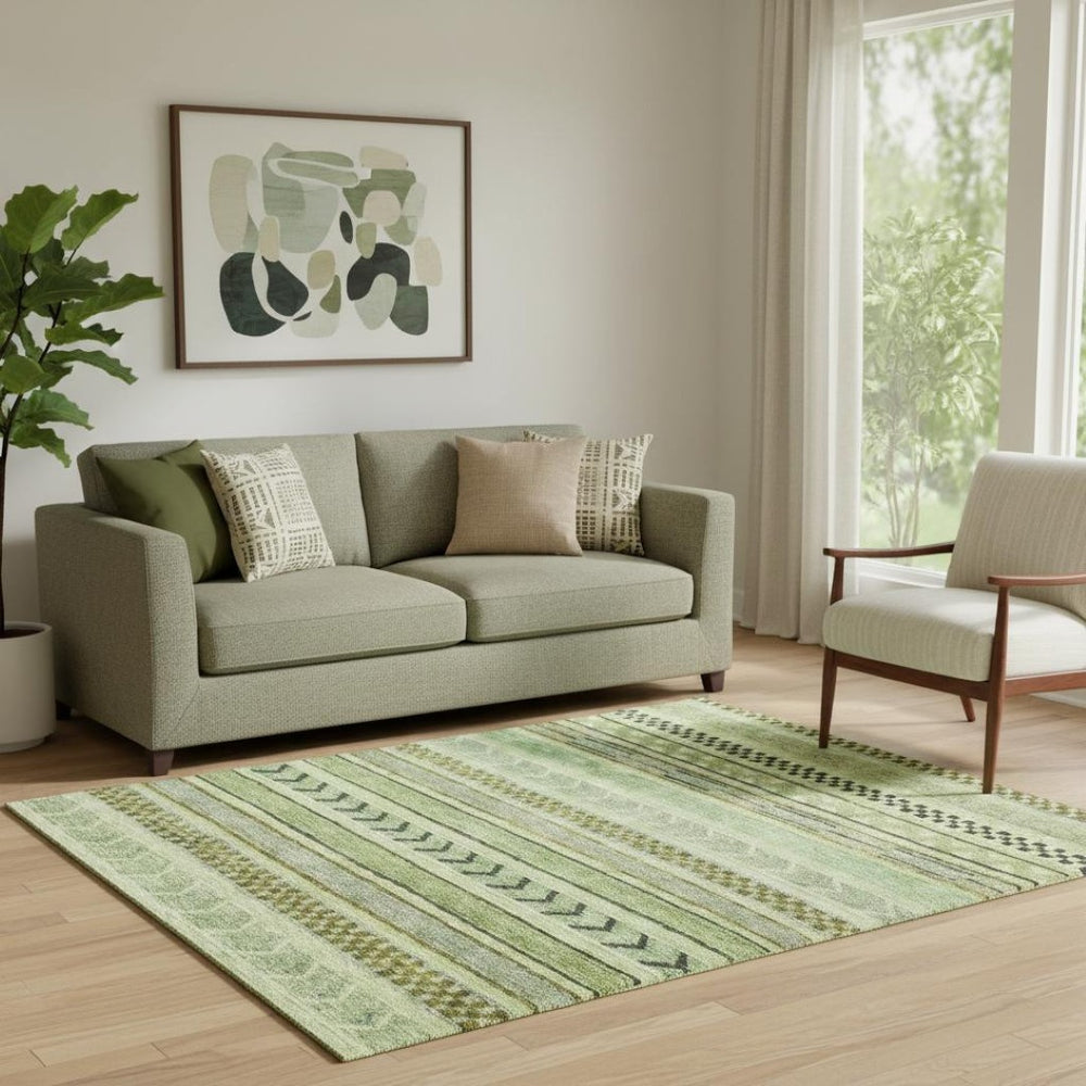 HomeRoots 5' Cozy Striped Washable Area Rug in Artichoke Green, Gray & Sage - UV Protected, Kid & Pet Safe! 695152