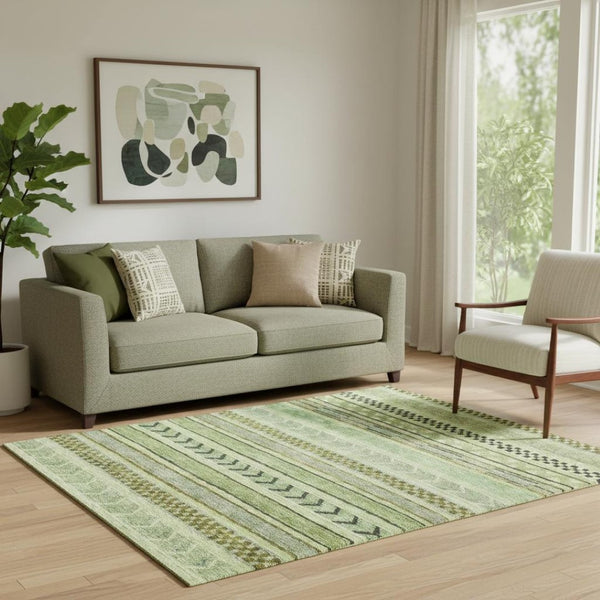 HomeRoots 5' Cozy Striped Washable Area Rug in Artichoke Green, Gray & Sage - UV Protected, Kid & Pet Safe! 695152