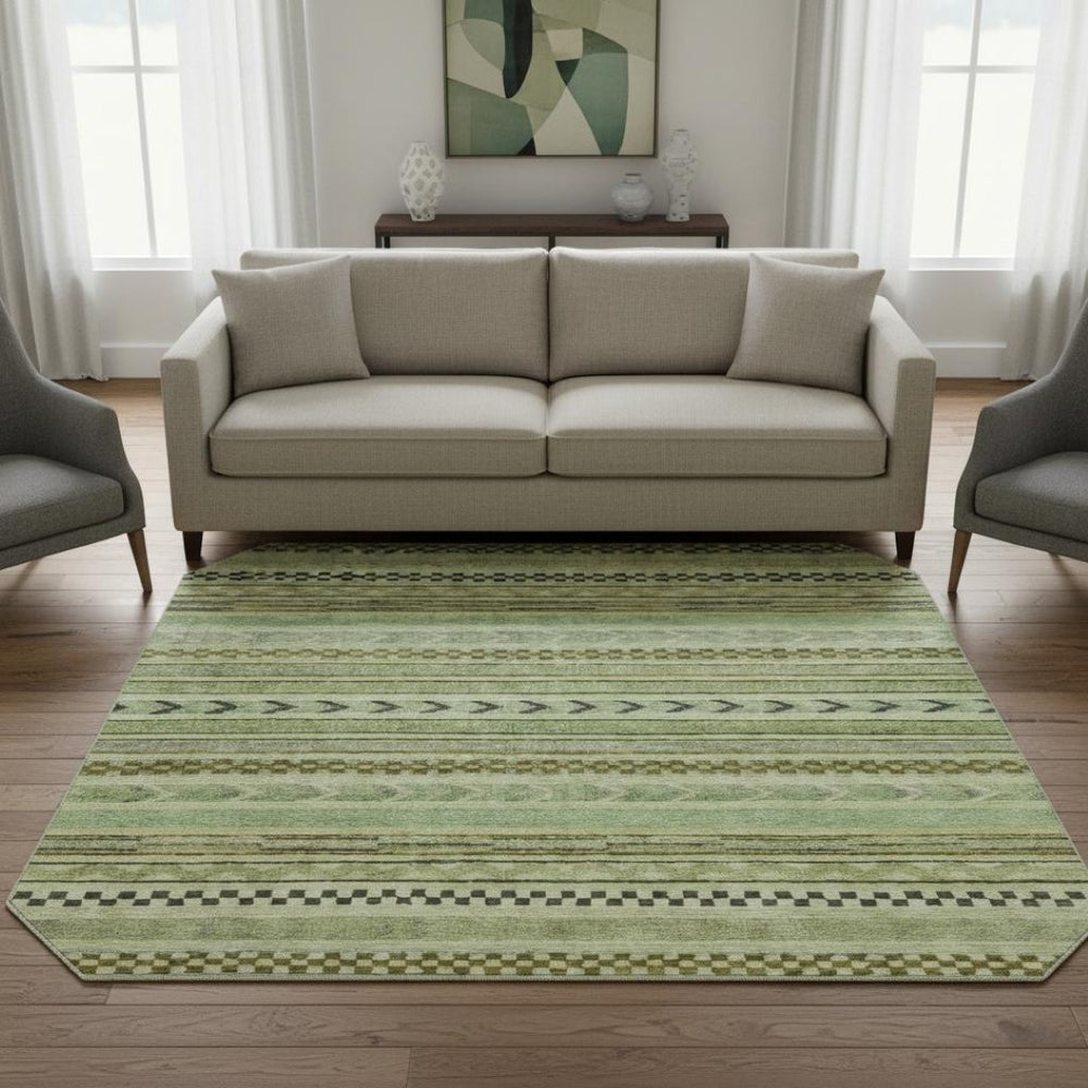 HomeRoots 8' Stylish Artichoke Green Gray Sage Striped Washable Round Rug with UV Protection for Versatile Spaces 695153
