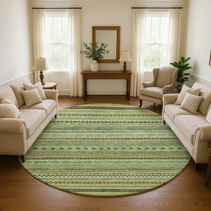 HomeRoots 8' Stylish Artichoke Green Gray Sage Striped Washable Round Rug with UV Protection for Versatile Spaces 695153