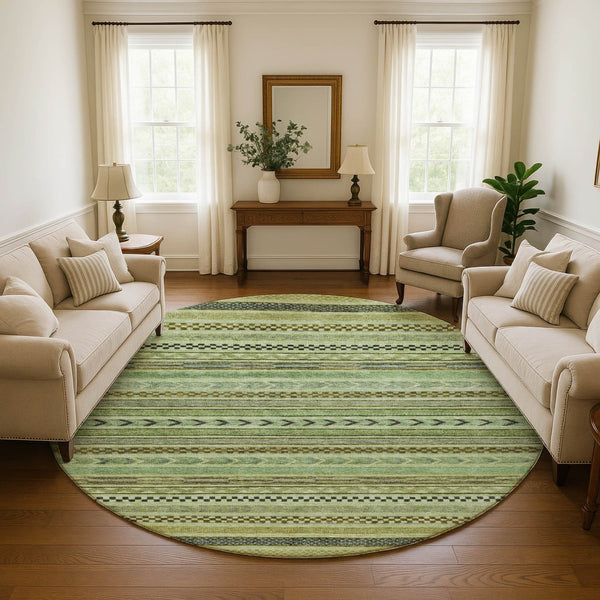 HomeRoots 8' Stylish Artichoke Green Gray Sage Striped Washable Round Rug with UV Protection for Versatile Spaces 695153