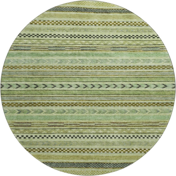 HomeRoots 8' Stylish Artichoke Green Gray Sage Striped Washable Round Rug with UV Protection for Versatile Spaces 695153