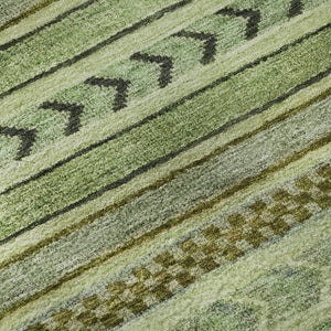 HomeRoots 8' Stylish Artichoke Green Gray Sage Striped Washable Round Rug with UV Protection for Versatile Spaces 695153