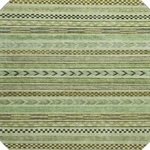 HomeRoots 8' Stylish Artichoke Green Gray Sage Striped Washable Round Rug with UV Protection for Versatile Spaces 695153