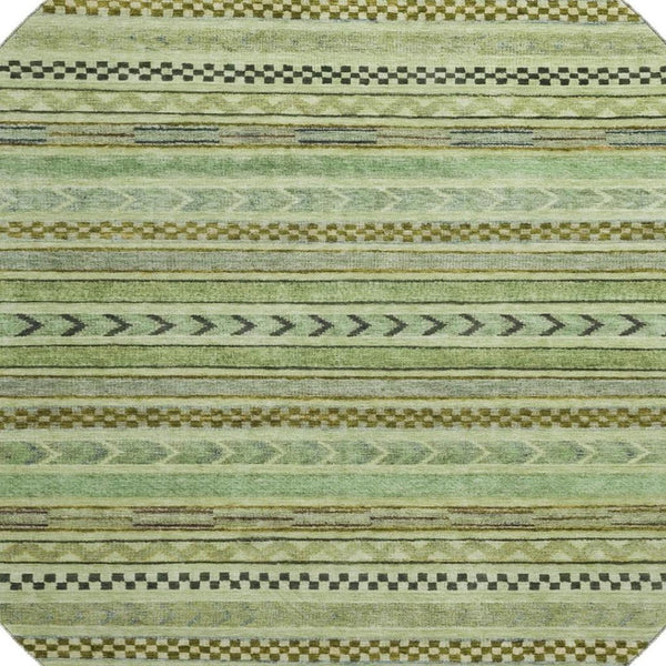 HomeRoots 8' Stylish Artichoke Green Gray Sage Striped Washable Round Rug with UV Protection for Versatile Spaces 695153