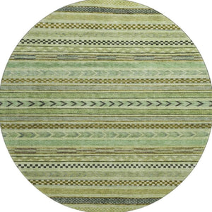 HomeRoots 8' Stylish Artichoke Green Gray Sage Striped Washable Round Rug with UV Protection for Versatile Spaces 695153