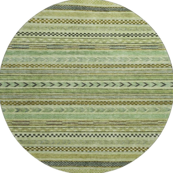 HomeRoots 8' Stylish Artichoke Green Gray Sage Striped Washable Round Rug with UV Protection for Versatile Spaces 695153