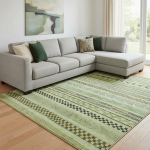 HomeRoots 8' Artichoke Green & Gray Striped Washable Area Rug - Durable, UV Protected, Easy Clean, Non-Slip Design 695154