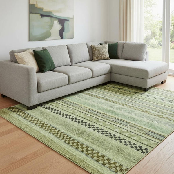 HomeRoots 8' Artichoke Green & Gray Striped Washable Area Rug - Durable, UV Protected, Easy Clean, Non-Slip Design 695154