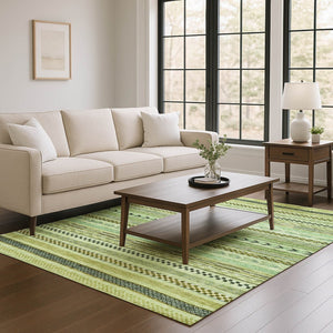 HomeRoots 8' Artichoke Green & Gray Striped Washable Area Rug - Durable, UV Protected, Easy Clean, Non-Slip Design 695154