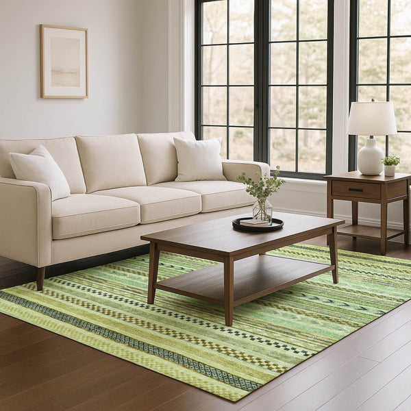 HomeRoots 8' Artichoke Green & Gray Striped Washable Area Rug - Durable, UV Protected, Easy Clean, Non-Slip Design 695154