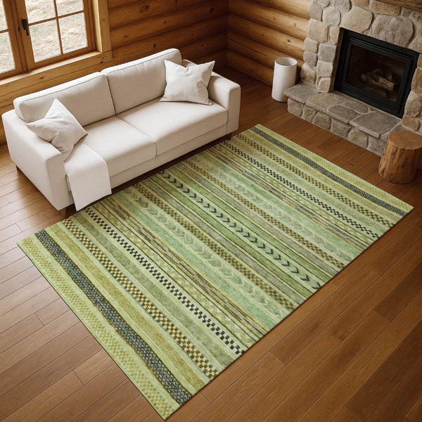 HomeRoots 8' Artichoke Green & Gray Striped Washable Area Rug - Durable, UV Protected, Easy Clean, Non-Slip Design 695154
