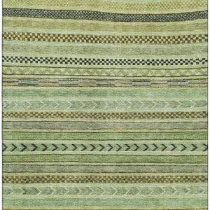HomeRoots 8' Artichoke Green & Gray Striped Washable Area Rug - Durable, UV Protected, Easy Clean, Non-Slip Design 695154