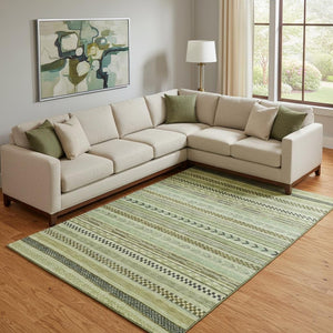 HomeRoots 9' X 12' Striped Area Rug in Artichoke Green, Gray & Sage - Washable, UV-Protected & Stylish Design 695155