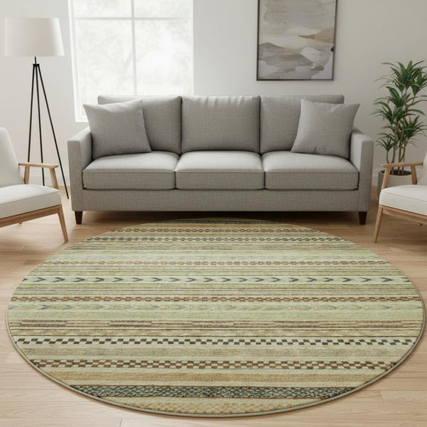 HomeRoots 8' Stylish Beige Taupe and Brown Striped Round Rug - Washable, UV-Protected, Durable for Homes 695159