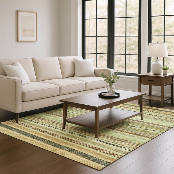 HomeRoots 9' X 12' Washable Beige, Taupe & Brown Striped Area Rug with UV Protection for Family-Friendly Homes 695161
