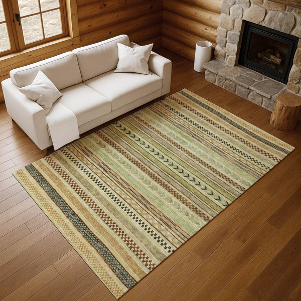 HomeRoots 9' X 12' Washable Beige, Taupe & Brown Striped Area Rug with UV Protection for Family-Friendly Homes 695161