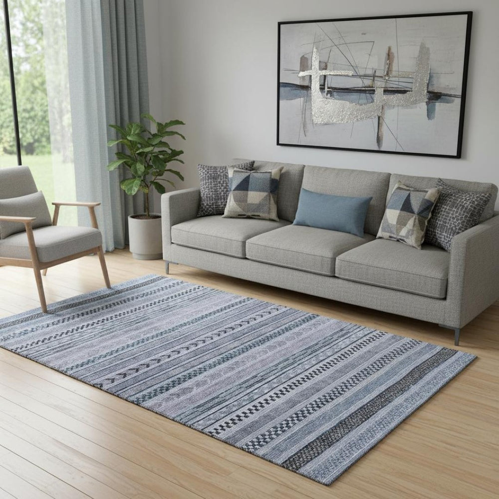 HomeRoots 5' Blue and Gray Striped Washable Area Rug with UV Protection – Durable, Stylish, and Easy Care! 695164
