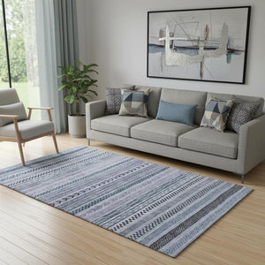 HomeRoots 5' Blue and Gray Striped Washable Area Rug with UV Protection – Durable, Stylish, and Easy Care! 695164