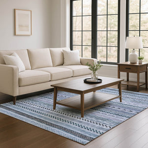 HomeRoots 5' Blue and Gray Striped Washable Area Rug with UV Protection – Durable, Stylish, and Easy Care! 695164