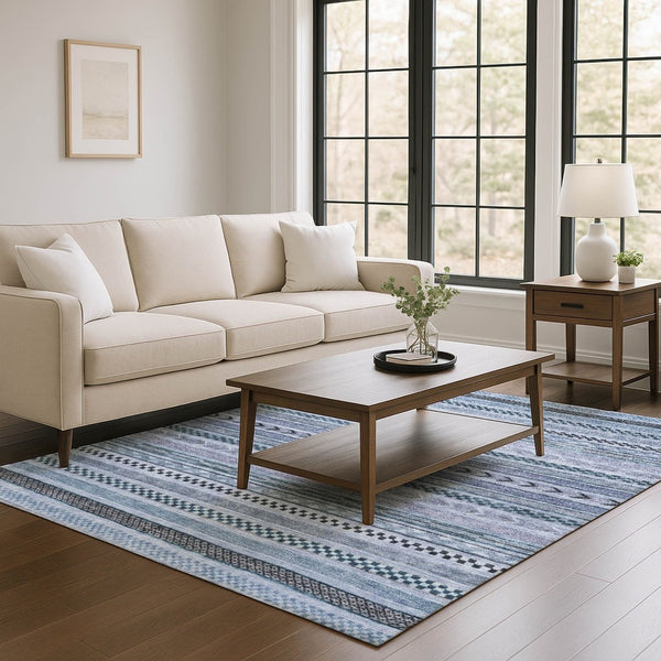 HomeRoots 5' Blue and Gray Striped Washable Area Rug with UV Protection – Durable, Stylish, and Easy Care! 695164