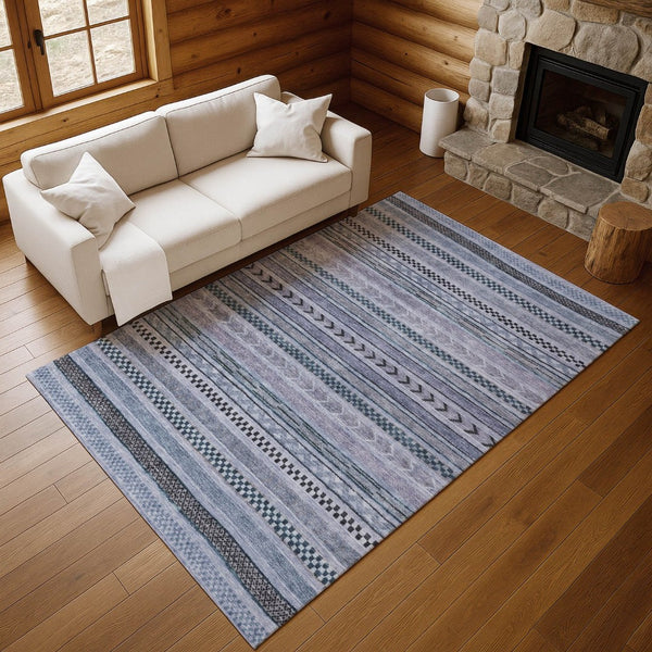 HomeRoots 5' Blue and Gray Striped Washable Area Rug with UV Protection – Durable, Stylish, and Easy Care! 695164