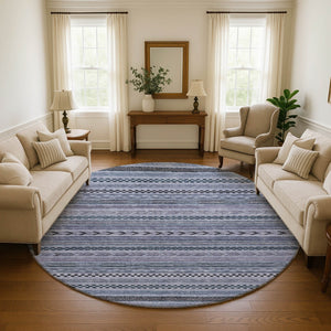 HomeRoots 8' Blue And Gray Striped Round Rug - Washable, UV Protected, Non-Slip, Perfect for High-Traffic Areas 695165