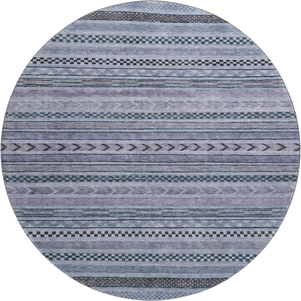 HomeRoots 8' Blue And Gray Striped Round Rug - Washable, UV Protected, Non-Slip, Perfect for High-Traffic Areas 695165