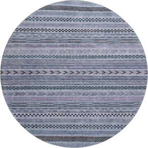 HomeRoots 8' Blue And Gray Striped Round Rug - Washable, UV Protected, Non-Slip, Perfect for High-Traffic Areas 695165