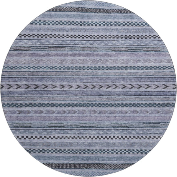 HomeRoots 8' Blue And Gray Striped Round Rug - Washable, UV Protected, Non-Slip, Perfect for High-Traffic Areas 695165