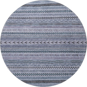 HomeRoots 8' Blue And Gray Striped Round Rug - Washable, UV Protected, Non-Slip, Perfect for High-Traffic Areas 695165